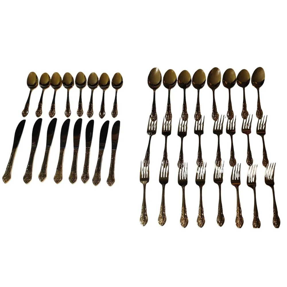 Hanford Forge HF Ltd Gold Pierced Rose Versaolles‎ Stainless Flatware 40 pcs SEE